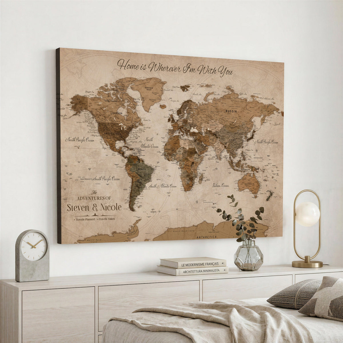 Personalized Framed Beige World Map Canvas with Push Pins, Honeymoon and Anniversary Gift, Living Room and Hallway Decor
