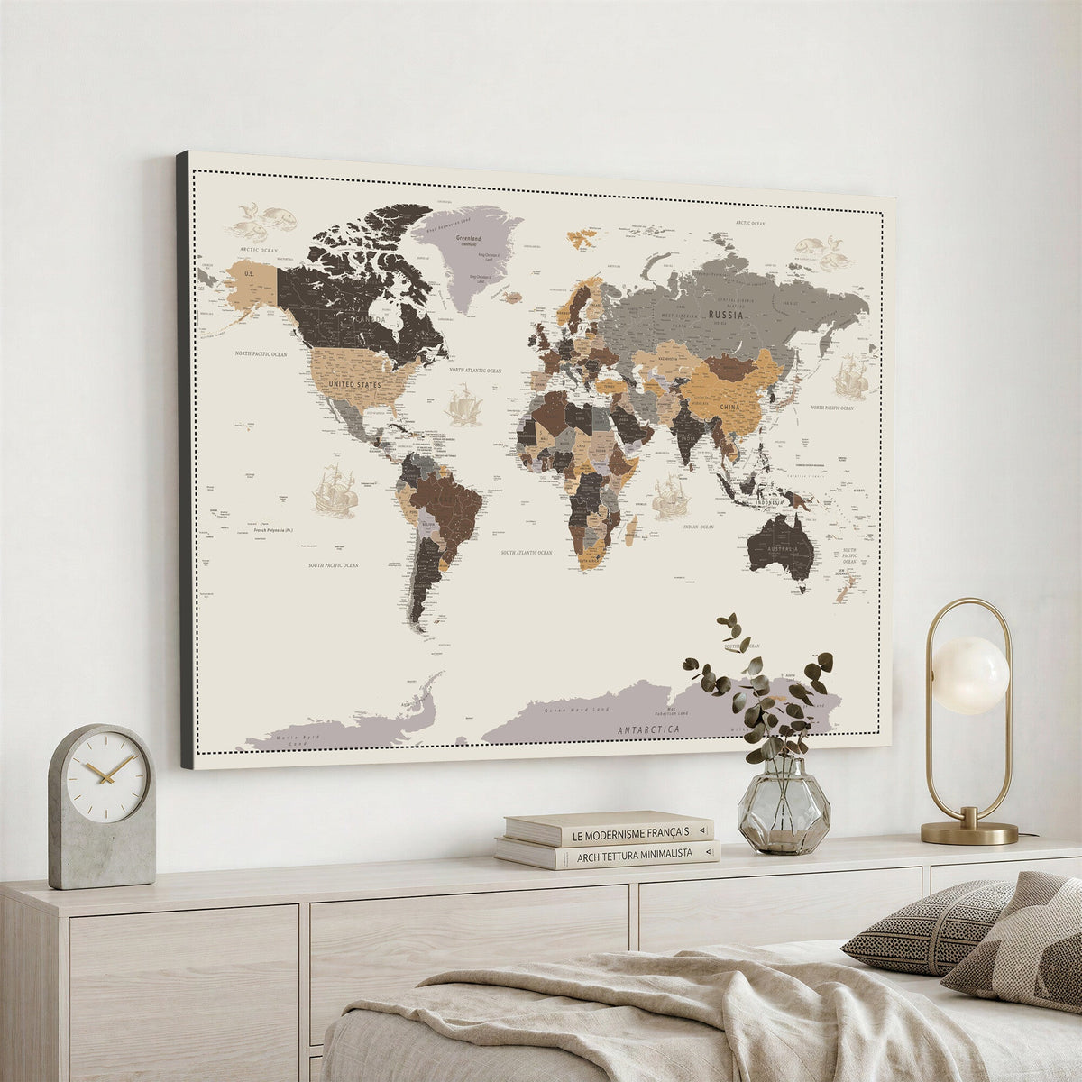58777746-MGV-CV-36X24 - Custom Beige Modern Push Pin World Map Canvas Print, Places Visited Tracker, Bedroom and Study Decor