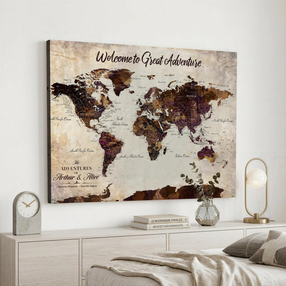64110391126-MGV-CV-36X24 - Custom Beige World Travel Map Wall Art with Pins, Places Visited Tracker, Family Room and Entryway Decor