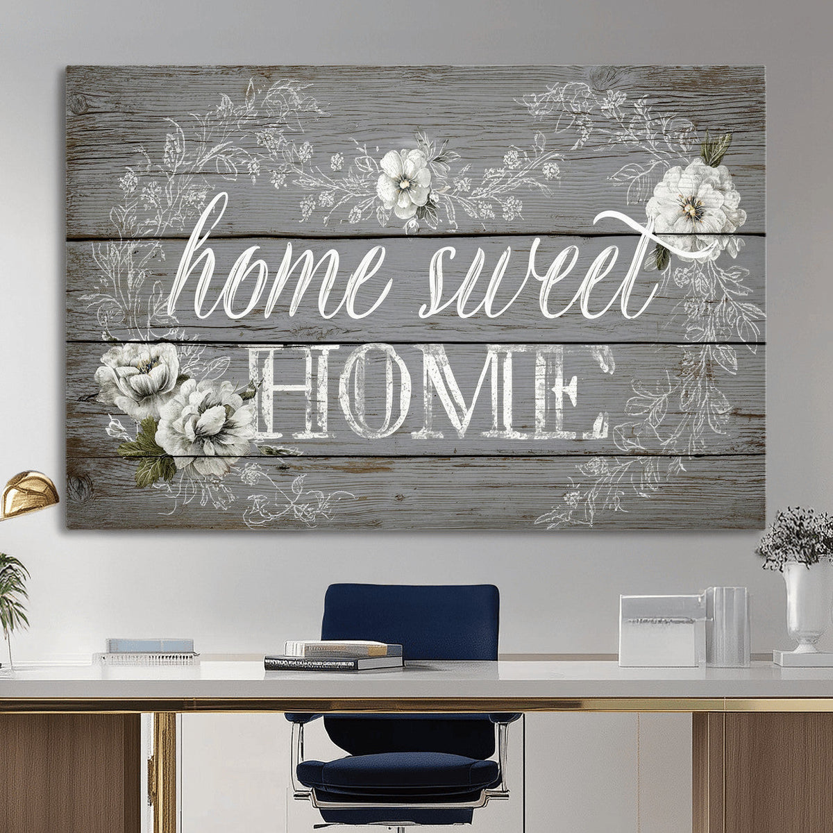 Home Sweet Home Sign Wall Art Canvas Print, Floral Farmhouse Decor