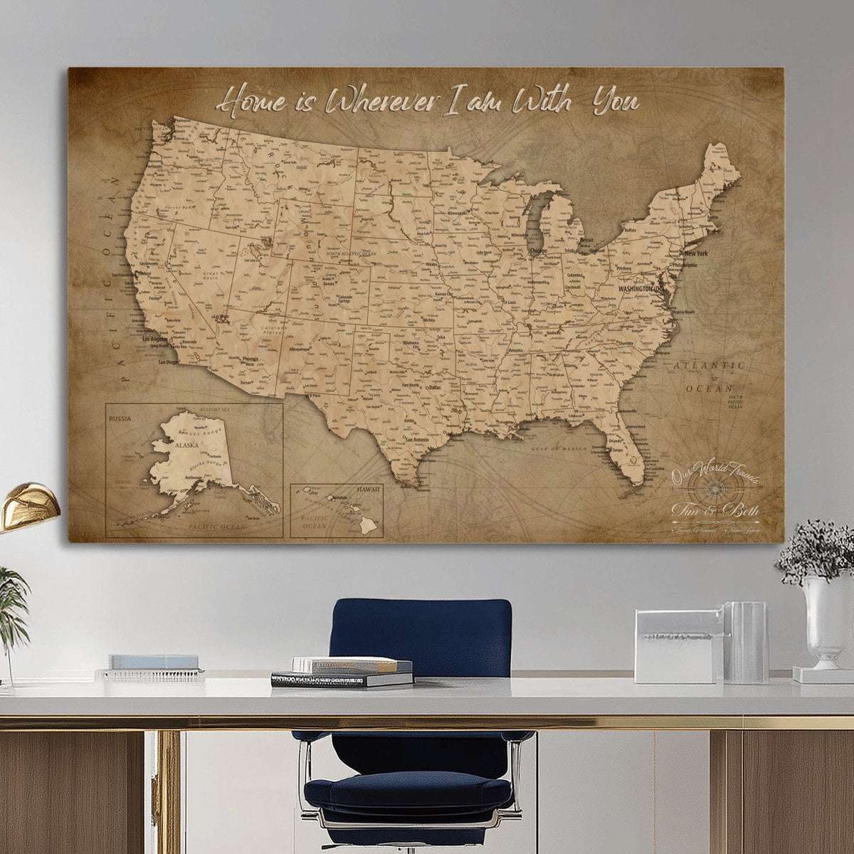 21454917-MGV-CV-36X24 - Personalized USA Push Pin Travel Map, Custom United States Map, Push Pin Map, USA Bucket List Map, Anniversary Gift | Couple Travel Map Wall Art