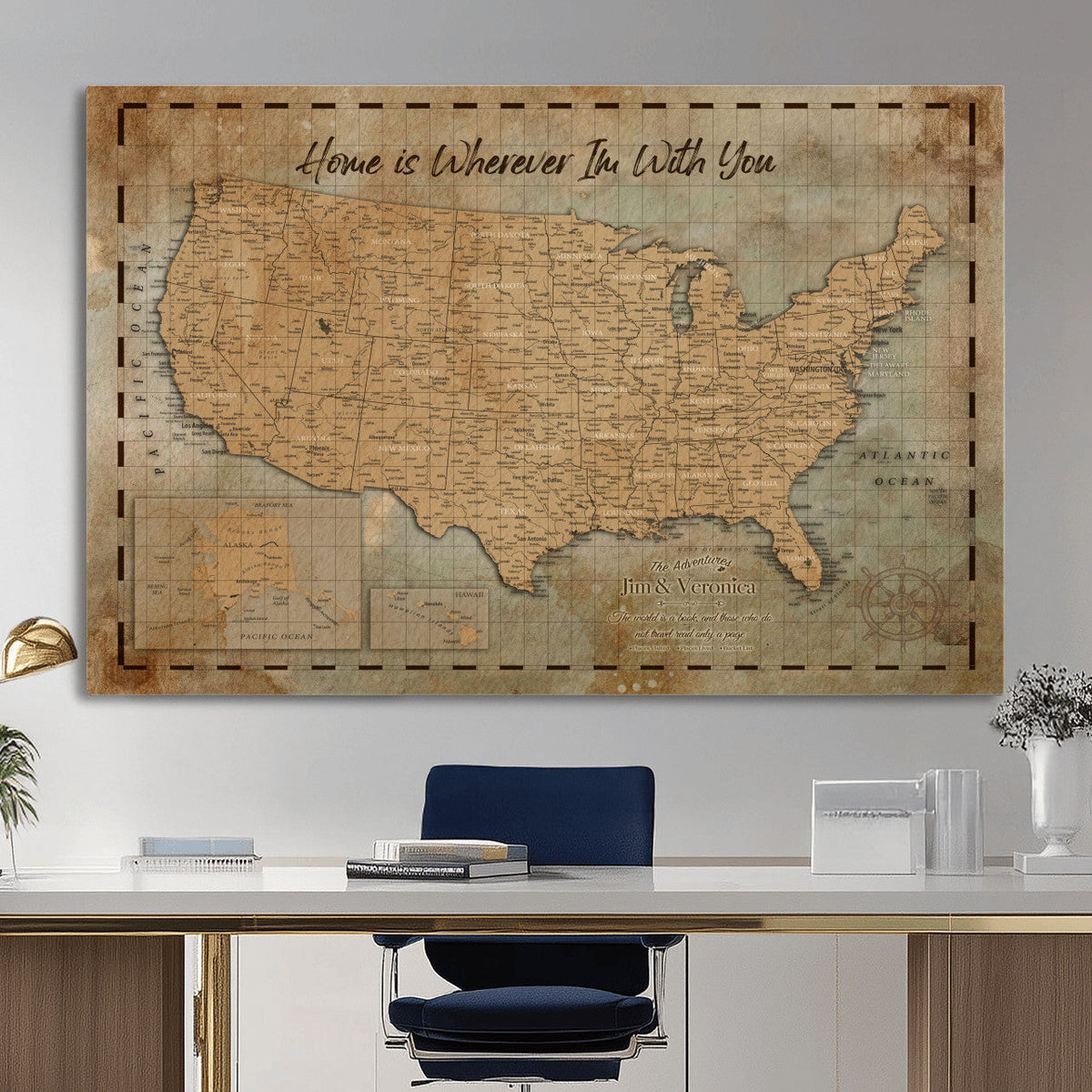87620242-MGV-CV-36X24 - Personalized USA Push Pin Travel Map Wall Art Canvas Print | Custom United States Map | Push Pin Map - USA Bucket List Map
