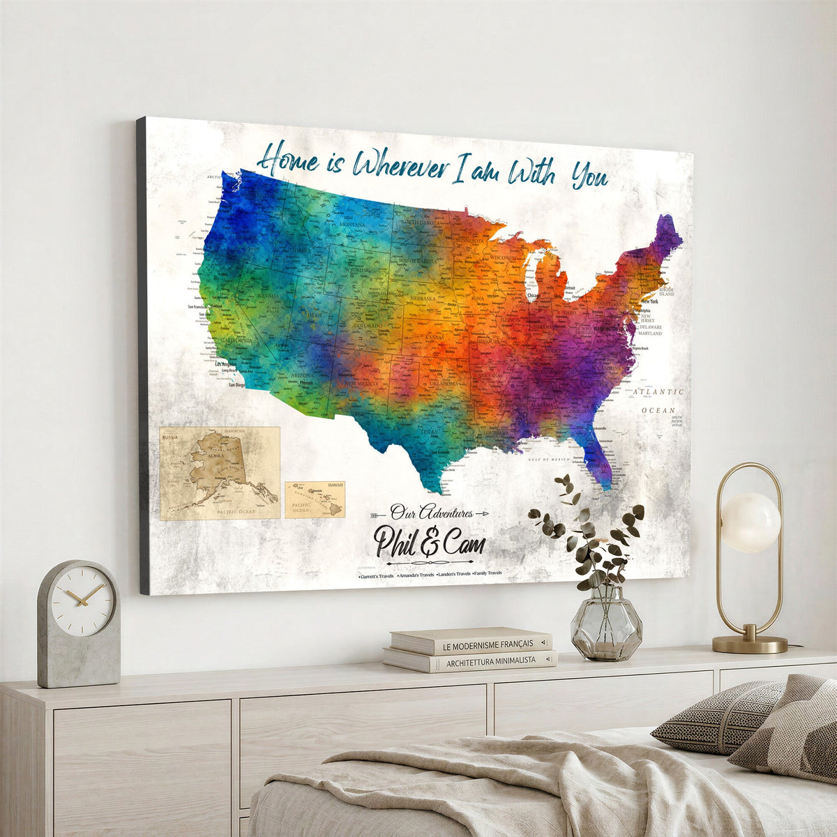 17251793-MGV-CV-36X24 - Watercolor USA Travel Map with Pins Colorful Modern Canvas Wall Art
