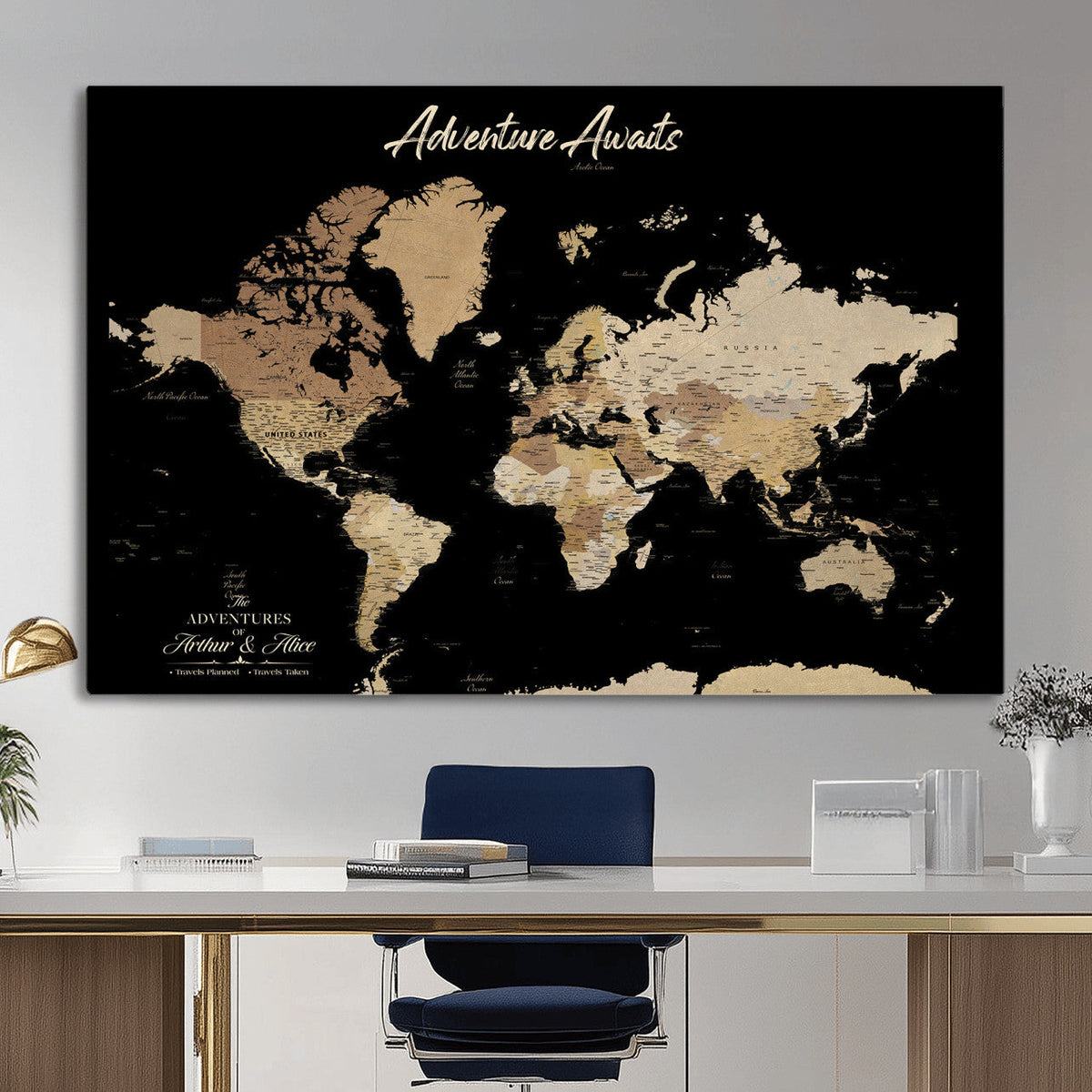88415067-MGV-CV-36X24 - Custom Push Pin World Map Canvas Print | Personalized Travel Map Wall Art
