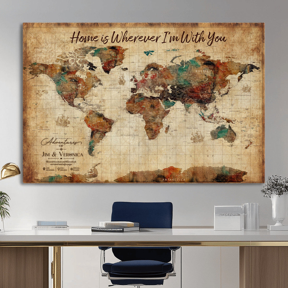 48389322-MGV-CV-36X24 - Custom Push Pin World Map Canvas Print | Personalized Travel Map Wall Art