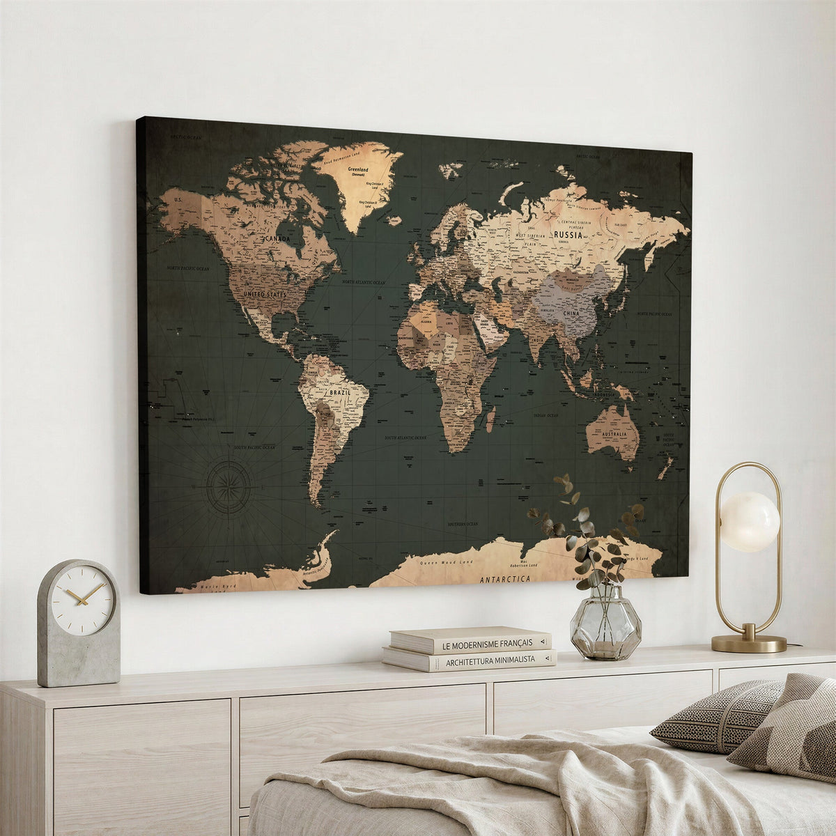 42327656-MGV-CV-36X24 - Extra Large Framed Personalize Push Pin World Map Wall Art Canvas Print for Travel Tracking - NEWMAP-116