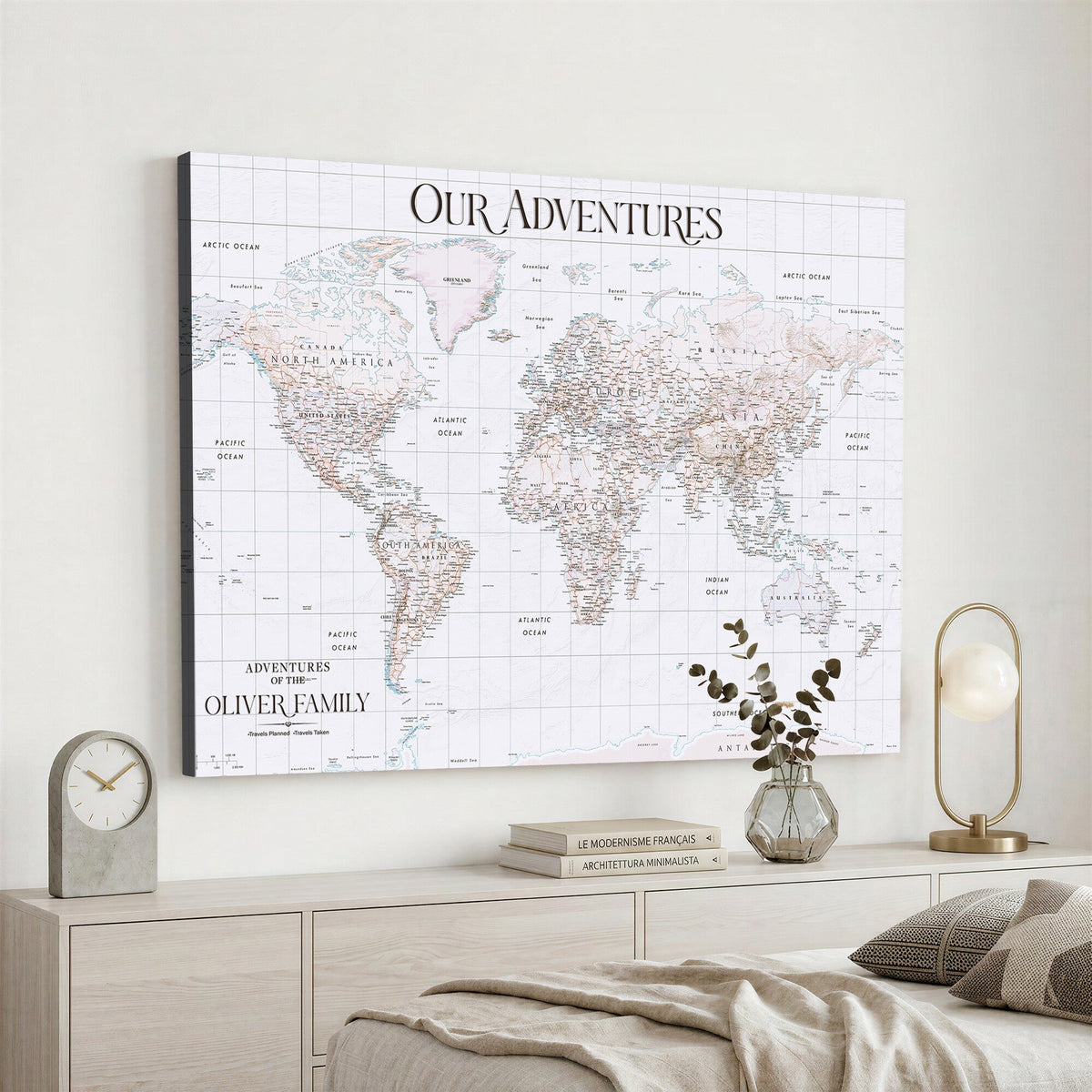 18074626D3DD-MGV-CV-36X24 - Extra Large Framed Personalized Push Pin World Map Wall Art Canvas Print for Travel Tracking
