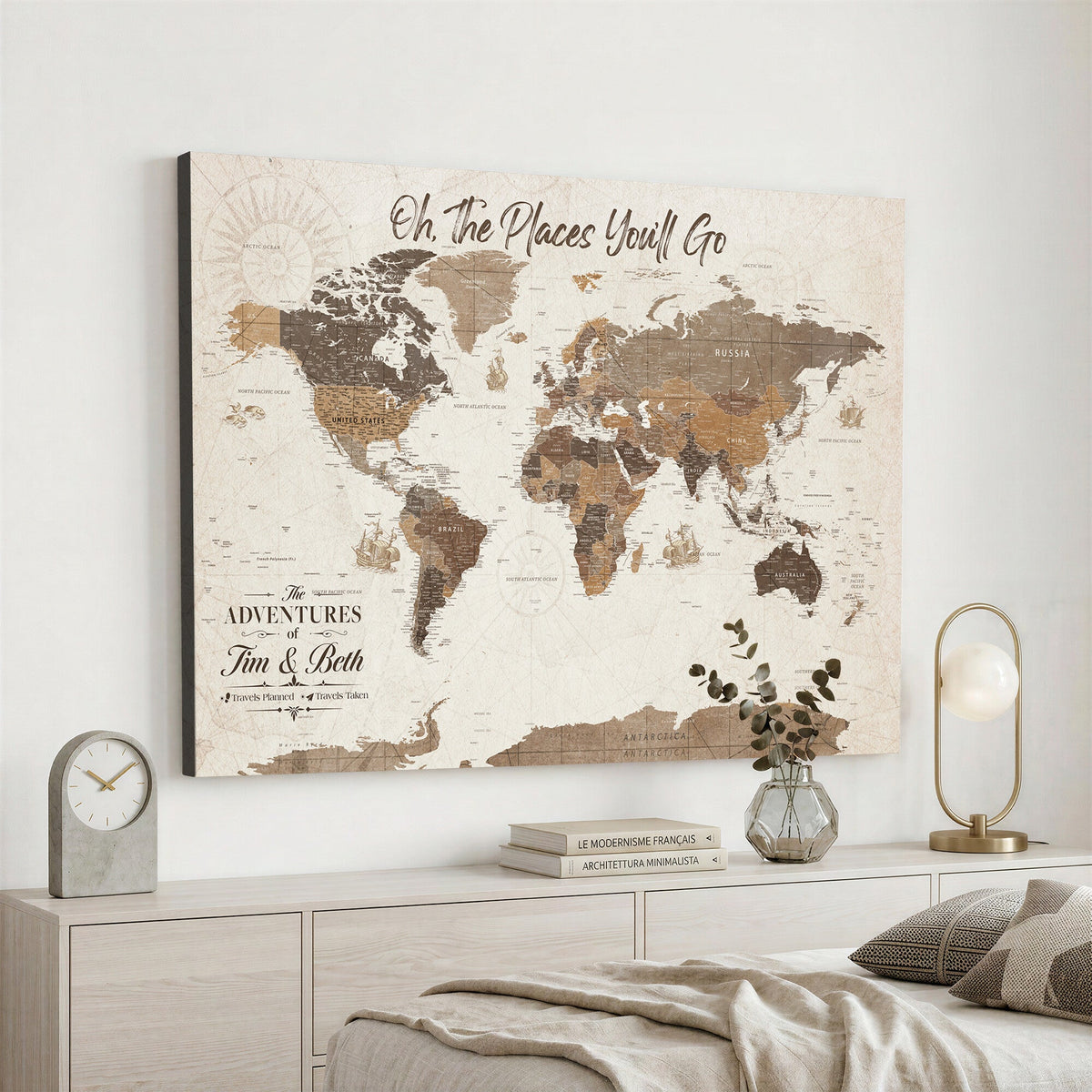 Personalized Beige Geometric Family Push Pin World Map Canvas Print, Honeymoon and Anniversary Gift, Living Room and Study Decor