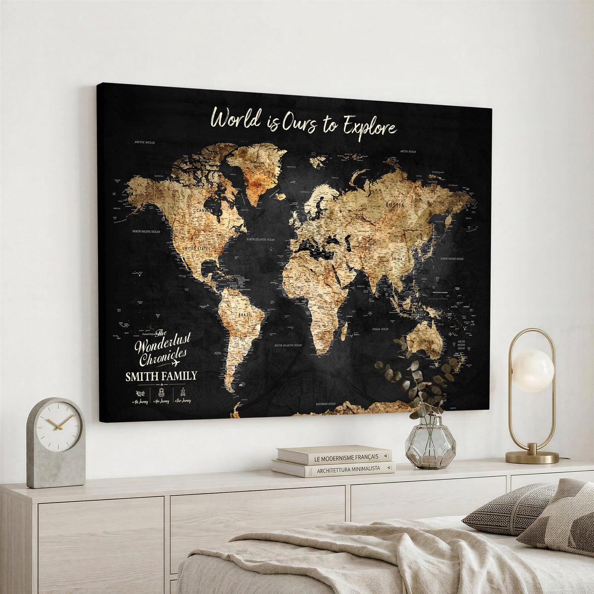 Personalized Beige Push Pin Travel Map Canvas Print, Family Travel Tracker, Bedroom and Entryway Decor