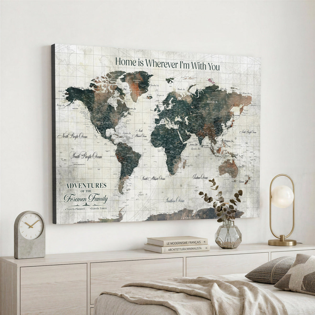 Personalized Framed Beige Push Pin Travel Map Canvas Print, Family Travel Tracker, Home Office and Hallway Decor