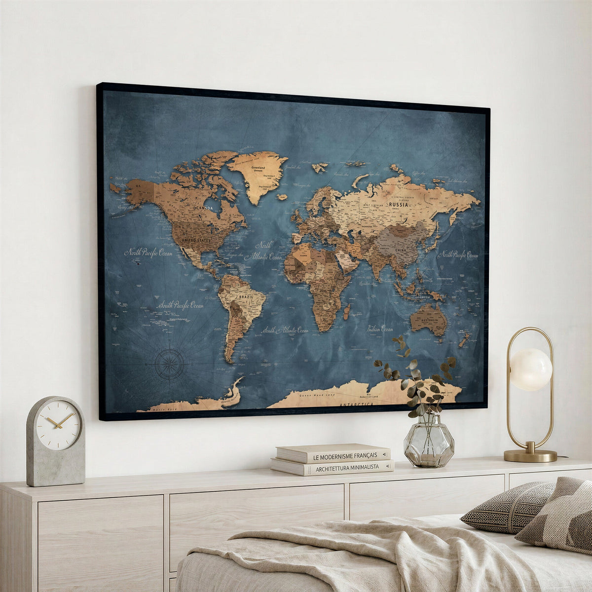 81949666D-MGV-CV-36X24 - Custom Push Pin World Map Wall Art Canvas Print – Personalized Travel Tracker with Pins Framed Large for Home and Office Decor