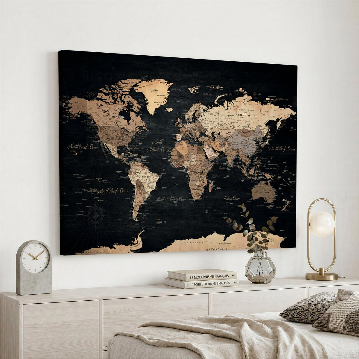 55335455D-MGV-CV-36X24 - Custom Push Pin World Map Wall Art Canvas Print – Personalized Travel Tracker with Pins Framed Large for Home and Office Decor
