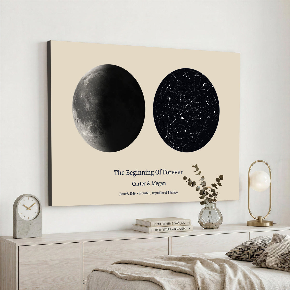 CSTM914LIRIKD-MGV-CV-36X24 - Moon and Stars Canvas Print – Personalized Moon Phase and Star Map Wall Art