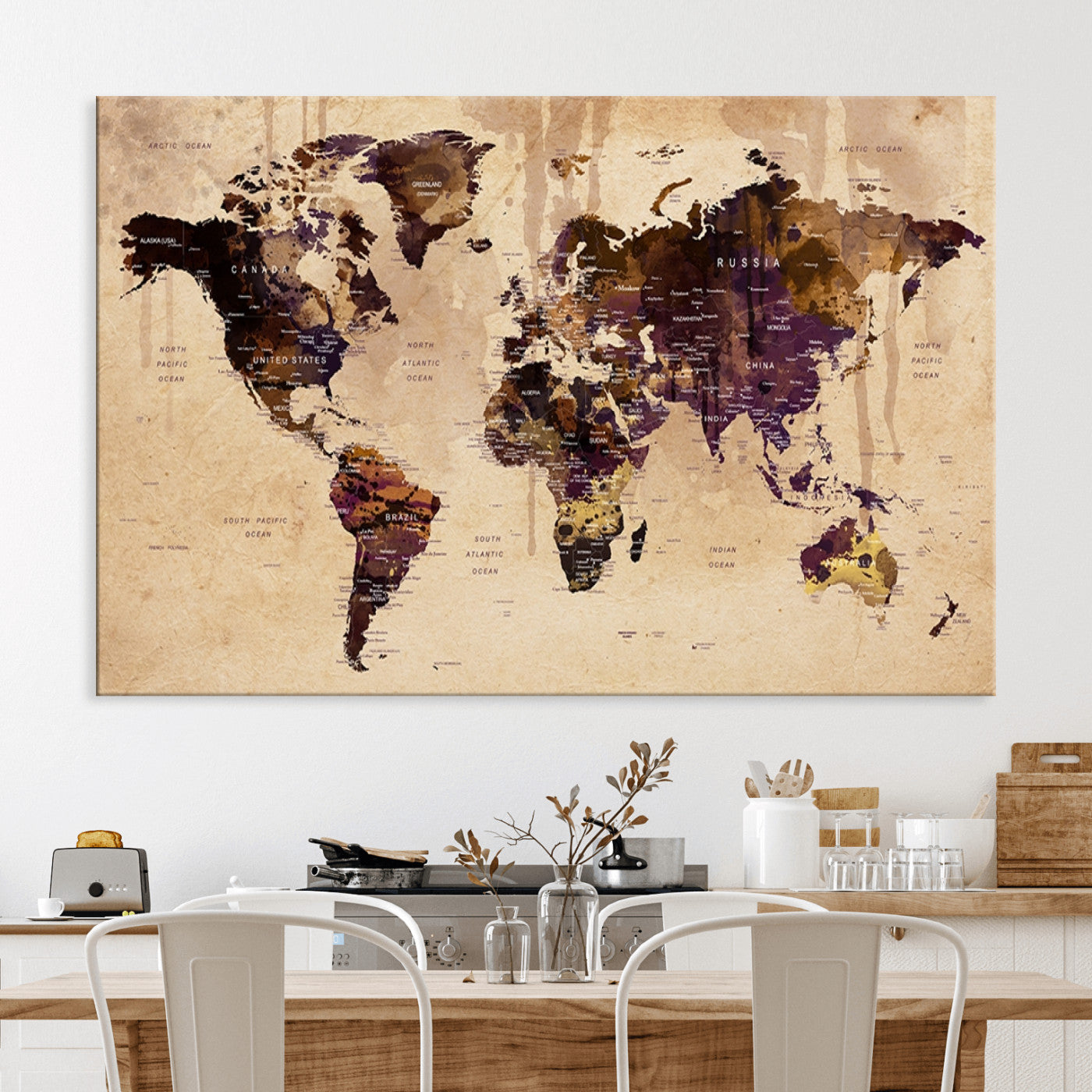 Push Pin World Map Canvas Print – Framed Wall Art for Couples to Track Their Travels – Anniversary Gift or Home Adventure Decor