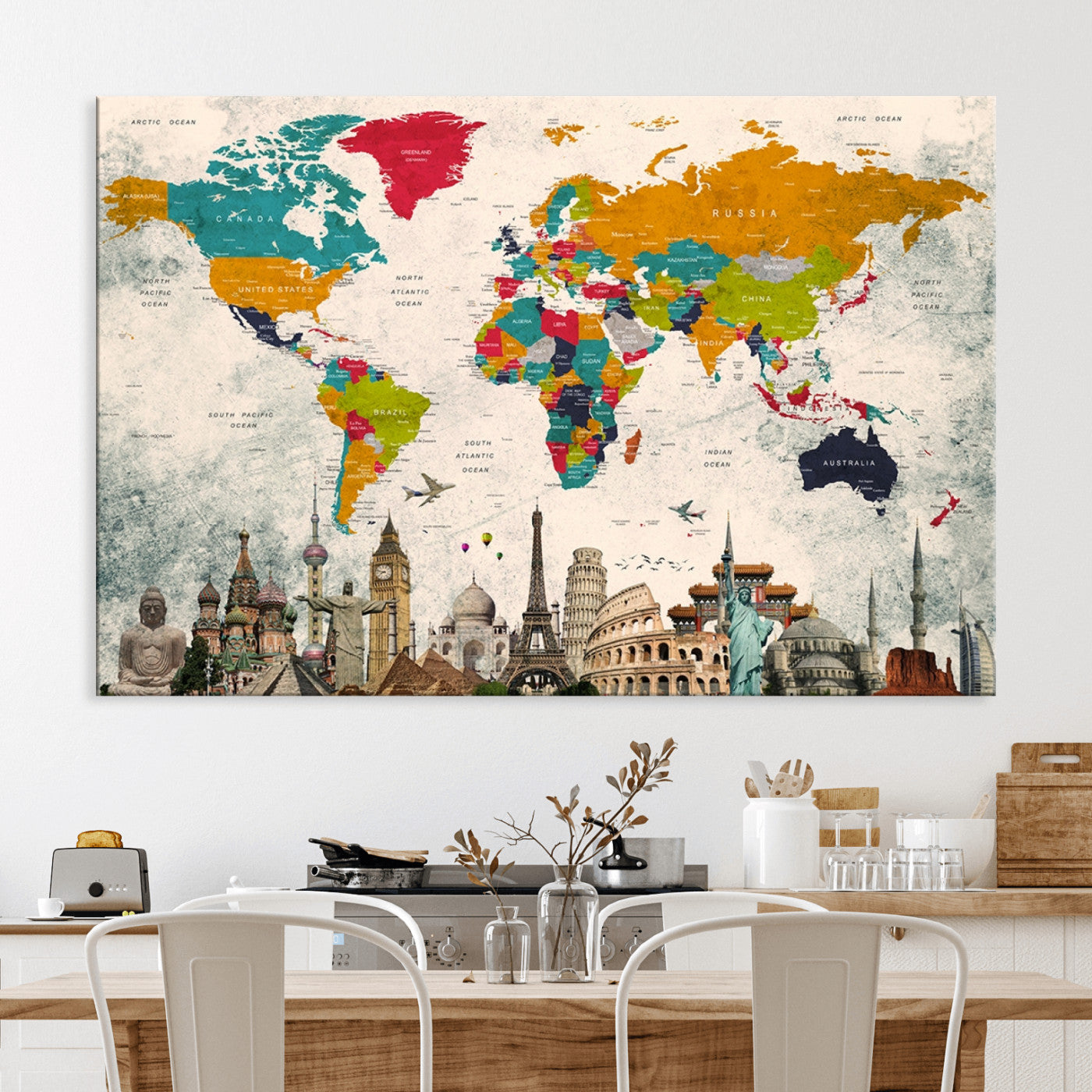 Push Pin World Map Canvas Print – Framed Wall Art for Couples to Track Their Travels – Anniversary Gift or Home Adventure Decor