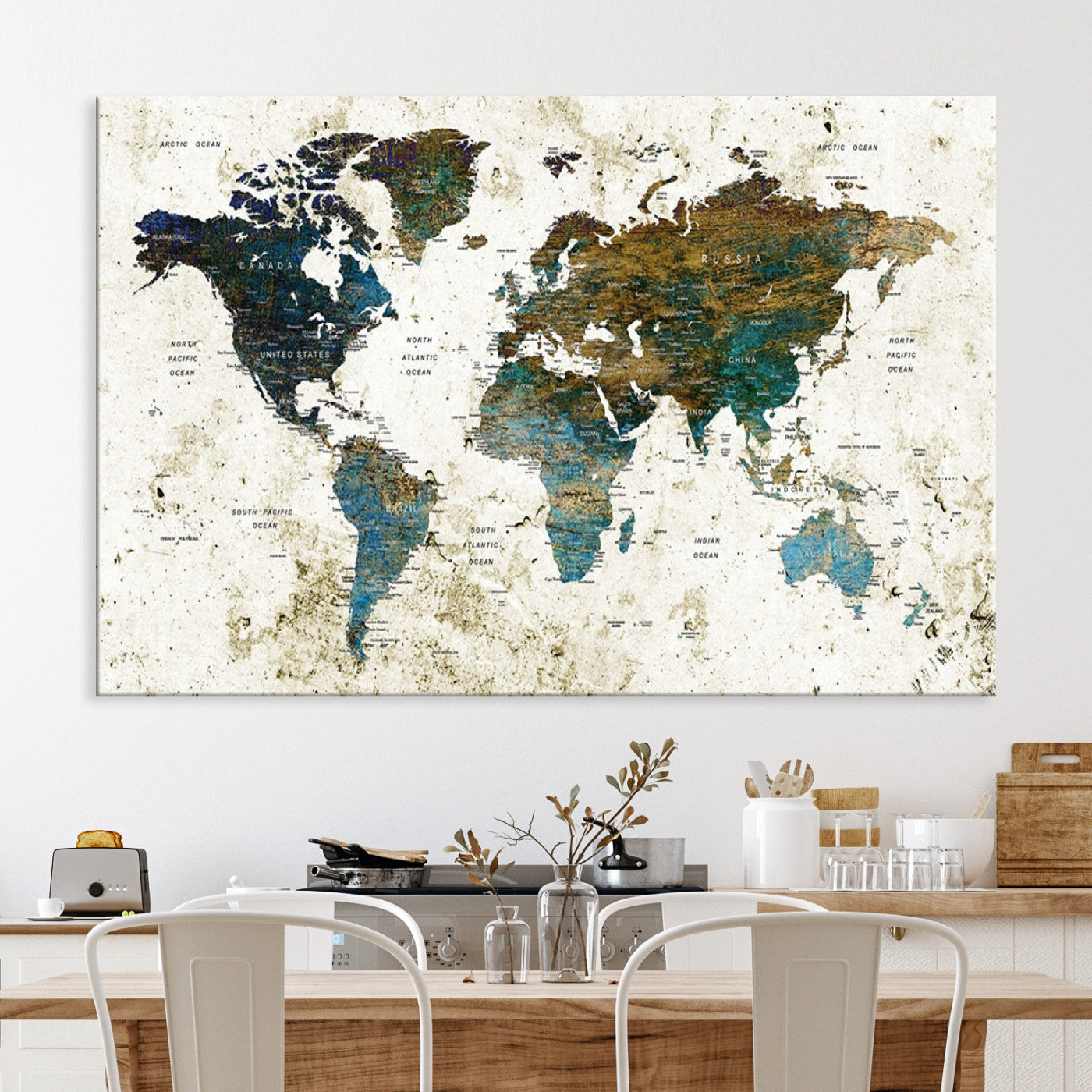 Vintage World Map Wall Art Canvas Print, Framed Rustic Earth Map Art Picture Print, Antique Map Perfect Rustic Vintage Decor Artwork