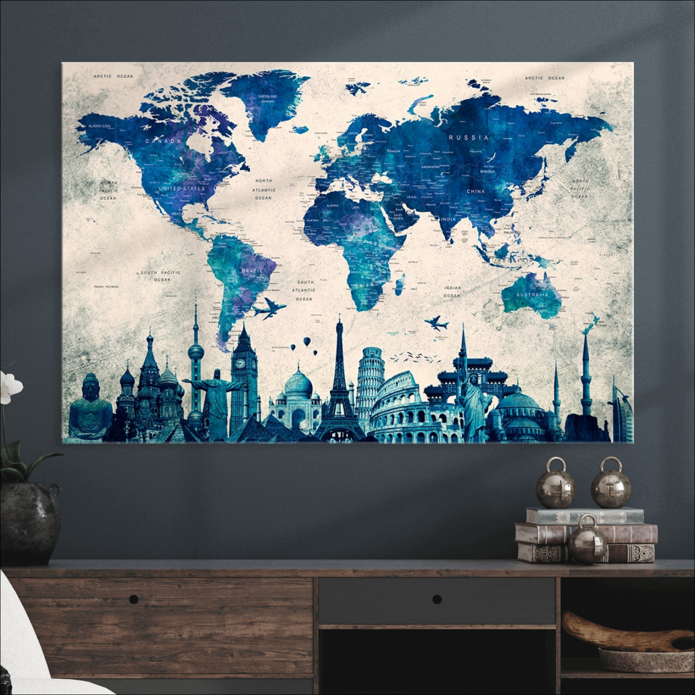 Navy Blue World Map Canvas Print, Wonder of World Map Push Pin Canvas Print