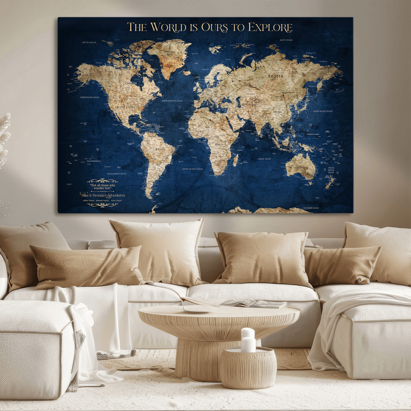 Custom World Map Wall Art – Personalized Framed Canvas Print with Push Pins for Travel Tracking, Anniversary or Couple Gift Ideas - H2-2