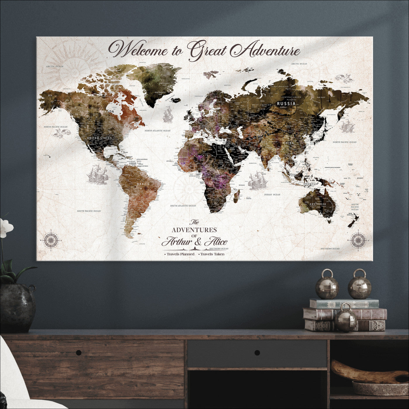 35778202-MGV-CV-36X24-Custom Push Pin World Map Wall Canvas Print – Personalized Travel Map with Pins – Framed Large Canvas for Home Office Decor