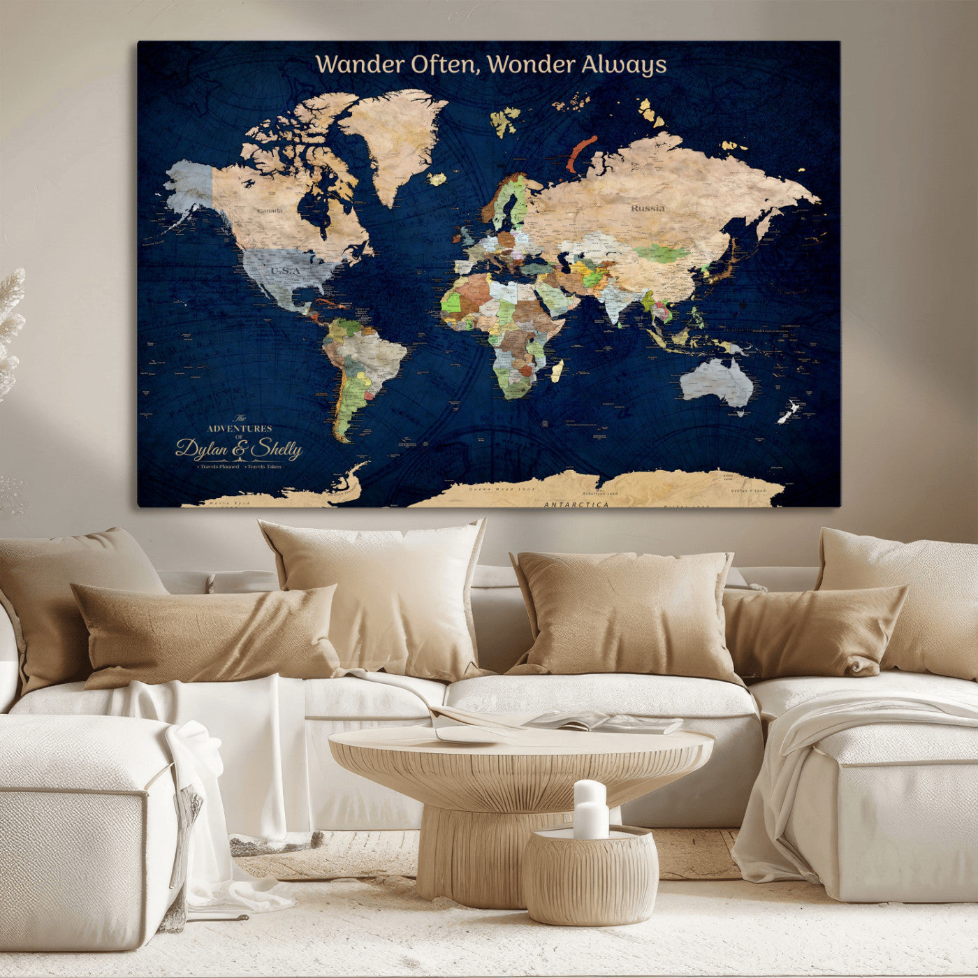 12399561-MGV-CV-30X20-Personalized World Map Print, Customizable Push Pin Framed World Map Print on Canvas - Custom Quote on Map Print