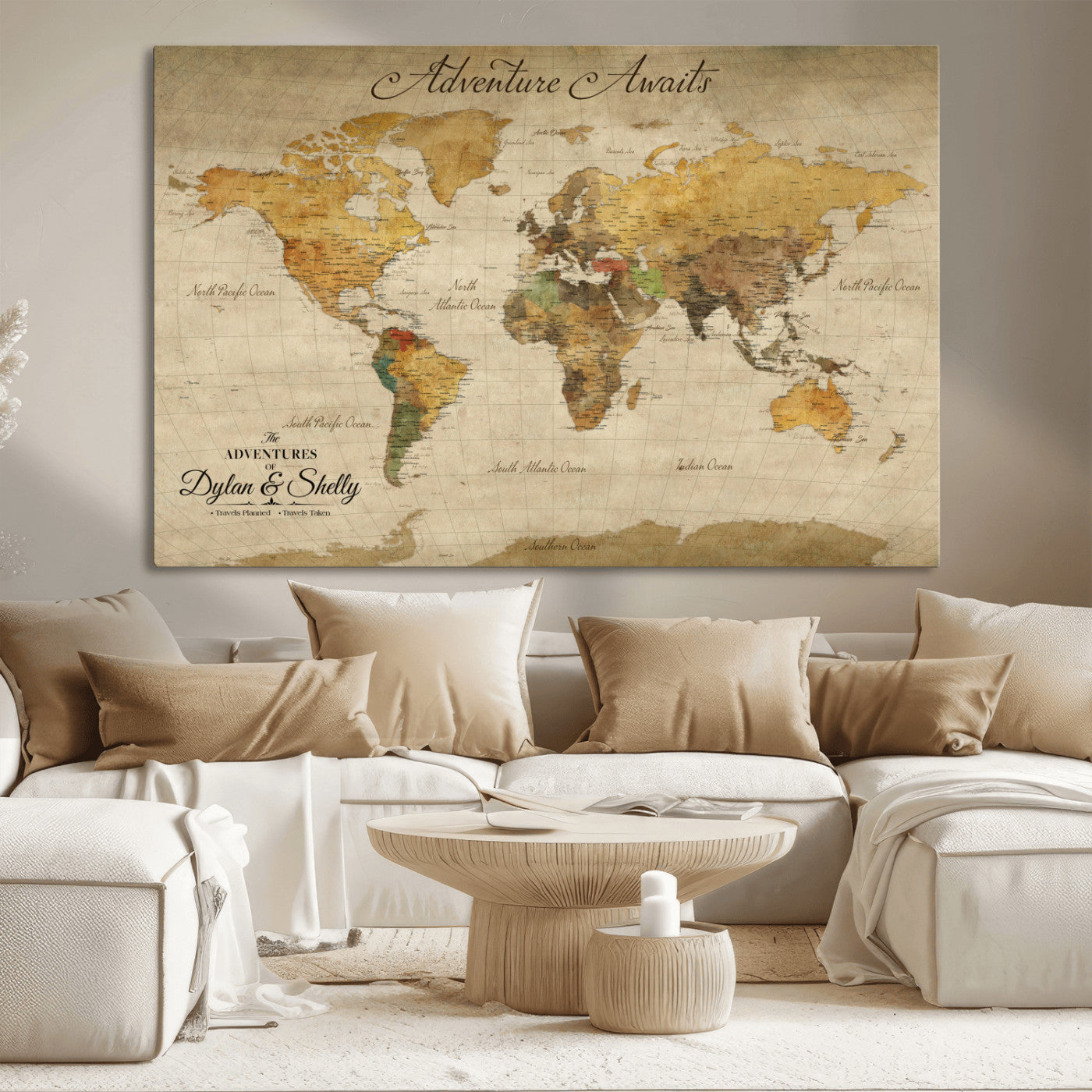 50298017-MGV-CV-36X24-Personalized World Map Print, Customizable Push Pin Framed World Map Print on Canvas - Custom Quote on Map Print