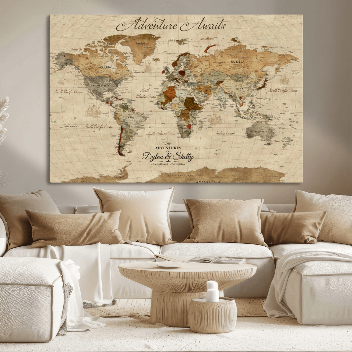 29054239-MGV-CV-36X24-Personalized World Map Print - Customizable Push Pin Framed World Map Print on Canvas - Custom Quote on Map Print