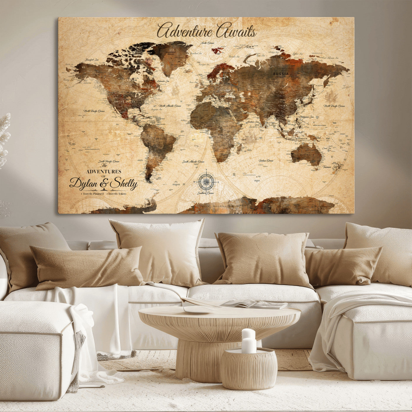 66357947-MGV-CV-36X24-Personalized World Map Print, Customizable Push Pin Framed World Map Print on Canvas - Custom Quote on Map Print
