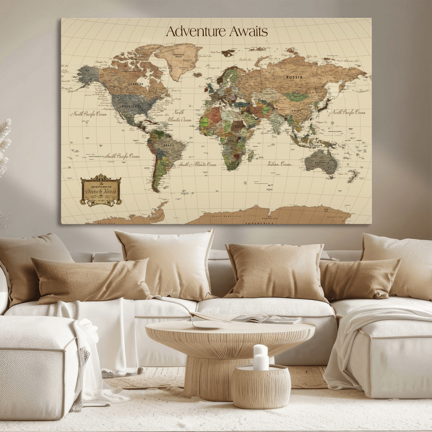 74480507-MGV-CV-36X24-Custom Push Pin World Map Wall Canvas Print – Personalized Travel Tracker with Pins – Framed Custom Quotie Canvas for Home Office Decoration