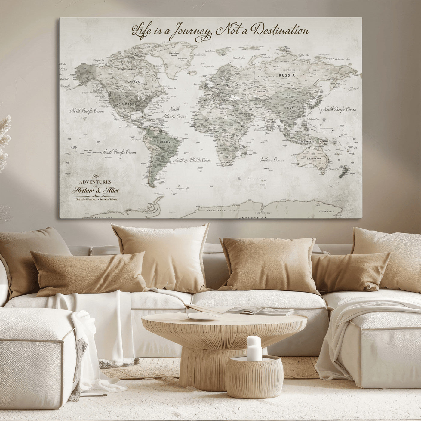 Custom Push Pin World Map Wall Canvas Print – Personalized Travel Tracker with Pins – Framed Custom Quotie Canvas for Home Office Decor