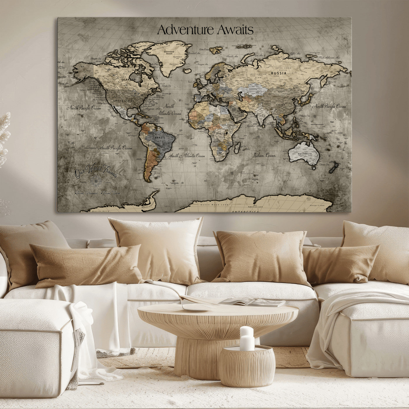 60740187-MGV-CV-36X24-Tree Rings Wall Art Canvas Print, Framed Wood Texture Art Picture Print, Blue Grain Perfect Rustic Modern Decor Artwork, Wood Texture Wall