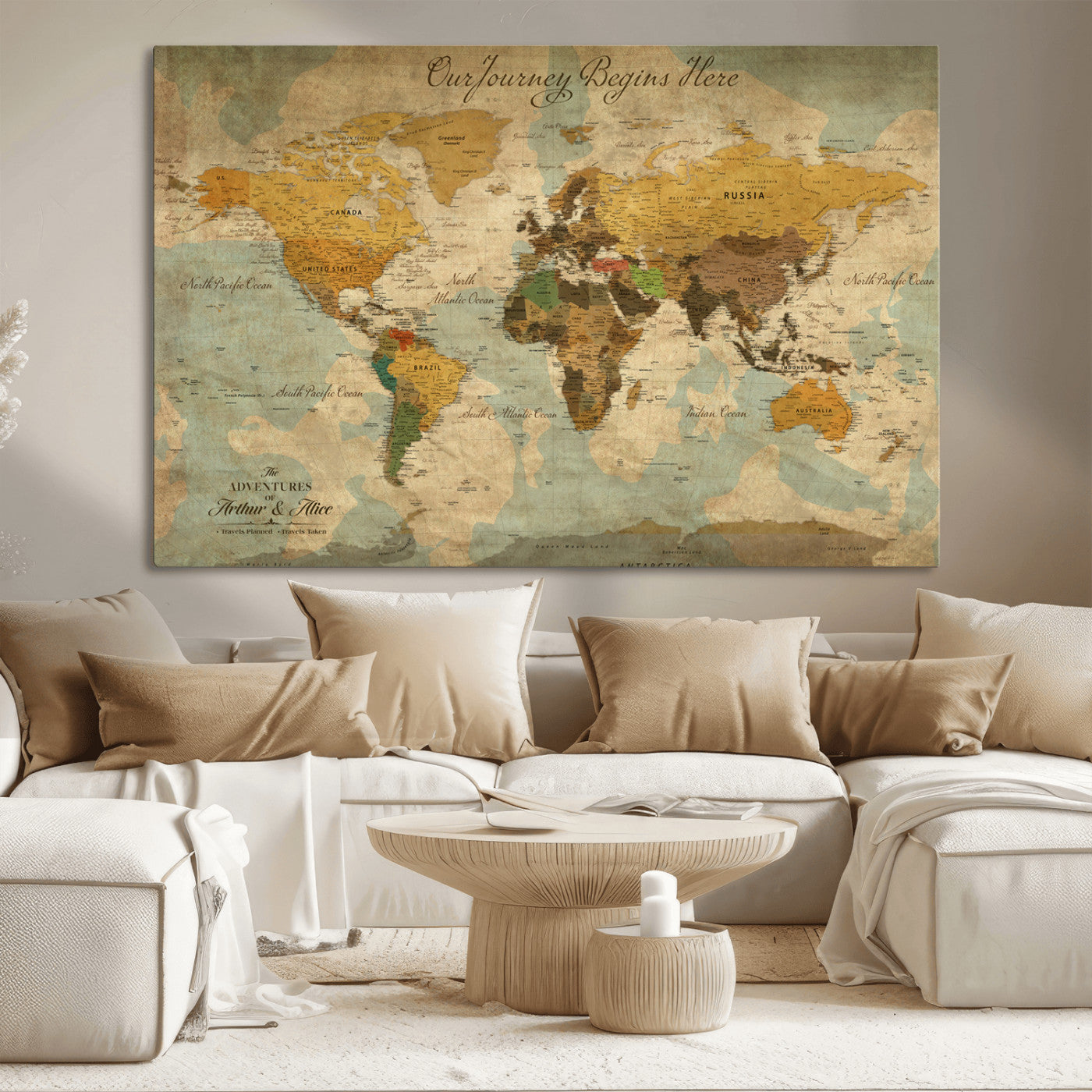 40572820-MGV-CV-36X24-Custom Push Pin World Map Wall Canvas Print – Personalized Travel Tracker with Pins – Framed Custom Quotie Canvas for Home Office Decor