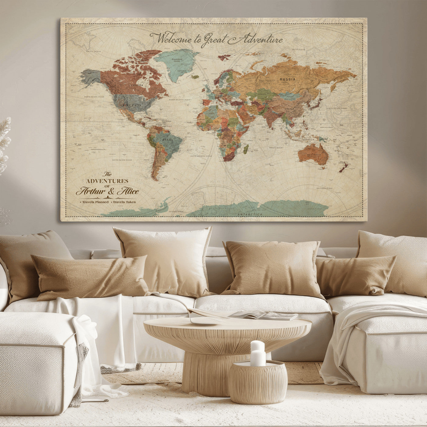 17587858-MGV-CV-36X24-Custom Push Pin World Map Wall Canvas Print – Personalized Travel Tracker with Pins – Framed Custom Quotie Canvas for Home Office Decor