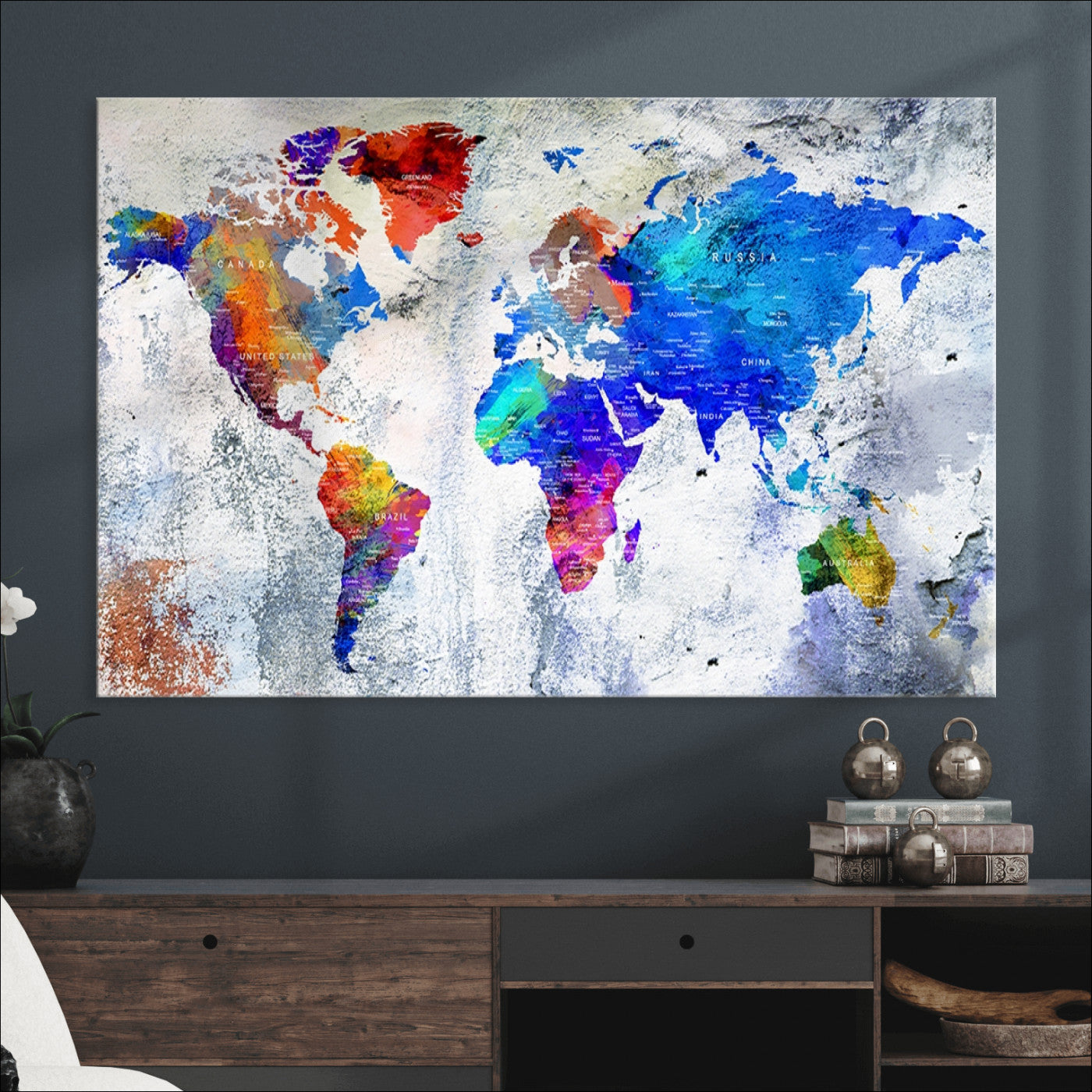Push Pin World Map Canvas Print – Framed Wall Art for Couples to Track Their Travels – Anniversary Gift or Home Adventure Decor