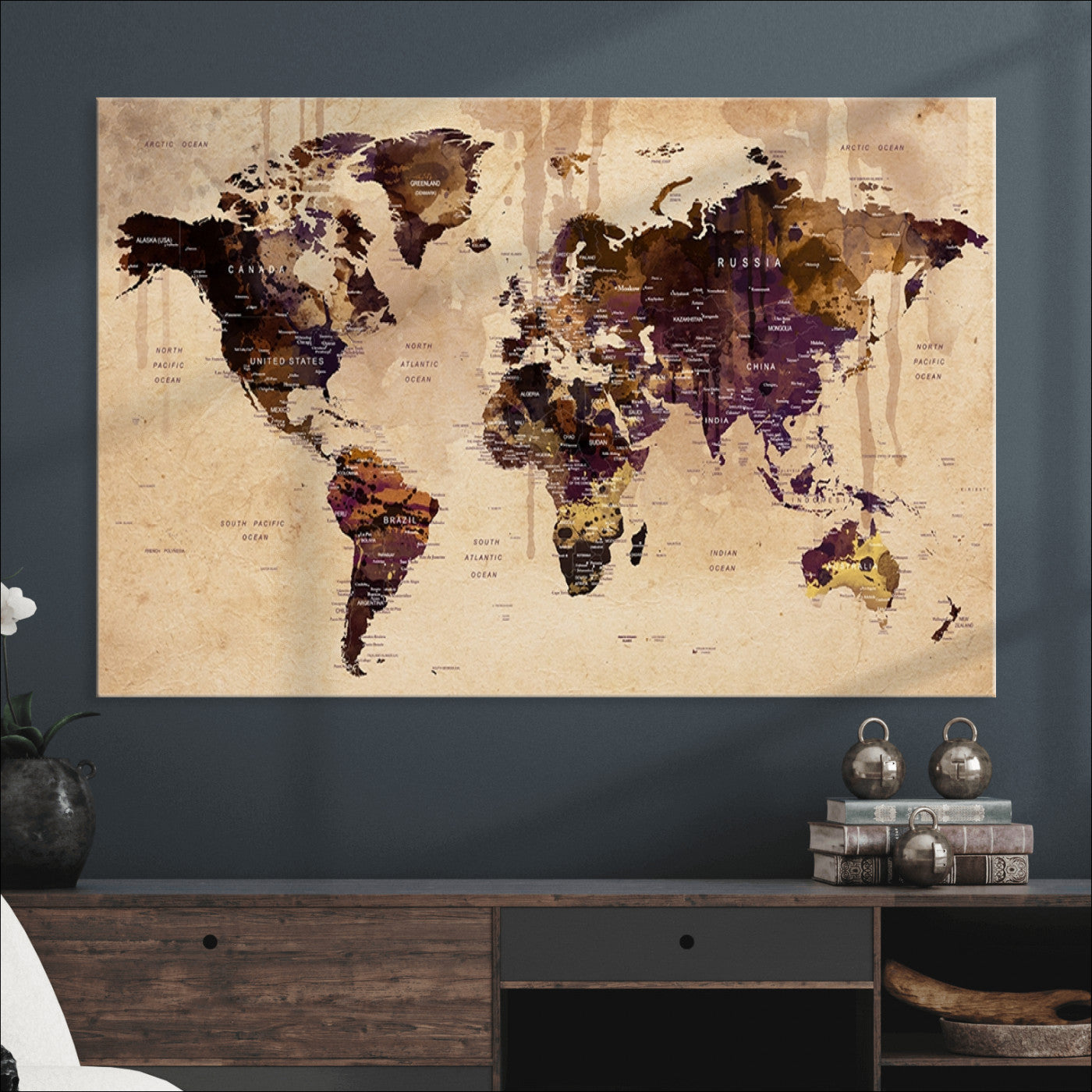 Push Pin World Map Canvas Print – Framed Wall Art for Couples to Track Their Travels – Anniversary Gift or Home Adventure Decor