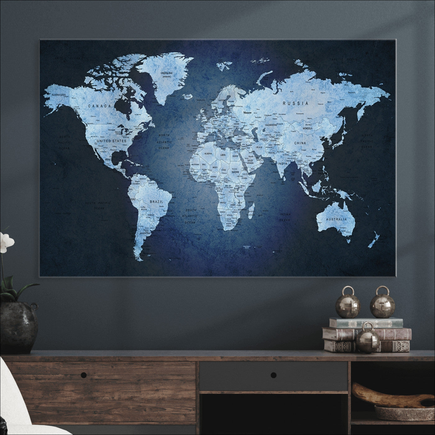 Push Pin World Map Canvas Print – Framed Wall Art for Couples to Track Their Travels – Anniversary Gift or Home Adventure Decor