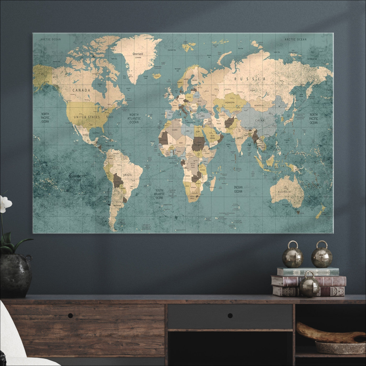 Classic World Map Wall Art Canvas Print, Framed Retro Map Art Picture Print, Vintage Atlas Perfect Rustic Explorer Decor Artwork