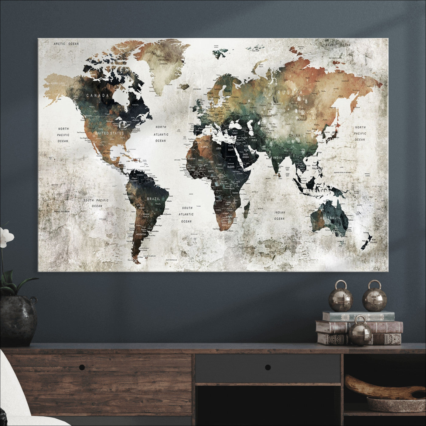 Push Pin World Map Canvas Print – Framed Wall Art for Couples to Track Their Travels – Anniversary Gift or Home Adventure Decor