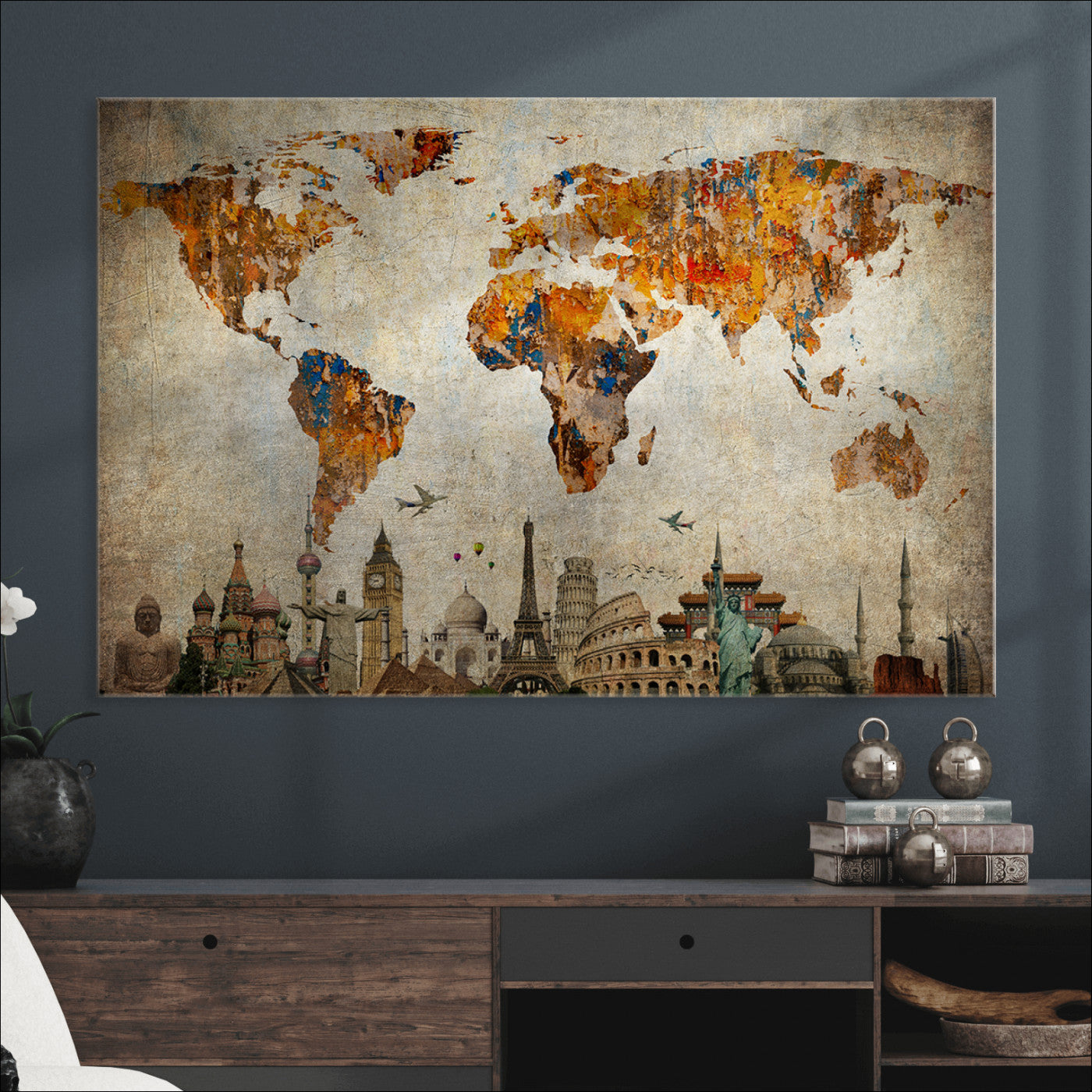 Push Pin World Map Canvas Print – Framed Wall Art for Couples to Track Their Travels – Anniversary Gift or Home Adventure Decor