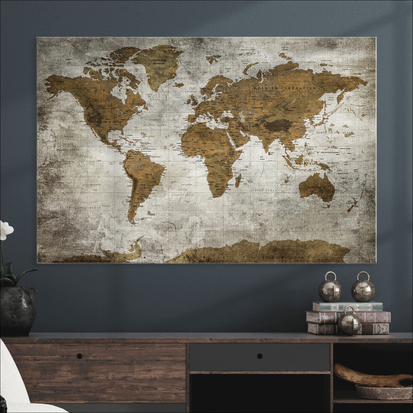 Push Pin World Map Canvas Print – Framed Wall Art for Couples to Track Their Travels – Anniversary Gift or Home Adventure Decor