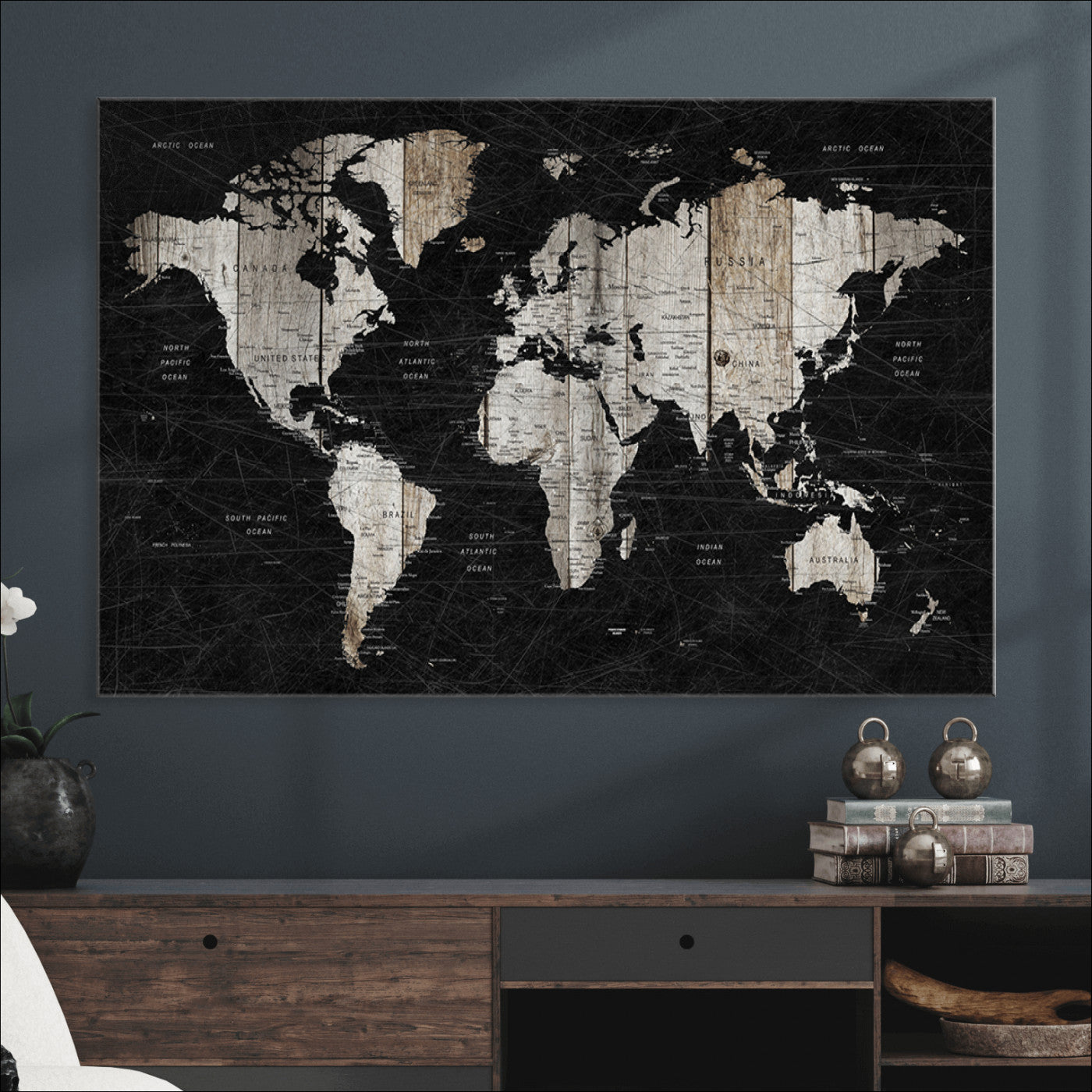 Push Pin World Map Canvas Print – Framed Wall Art for Couples to Track Their Travels – Anniversary Gift or Home Adventure Decor