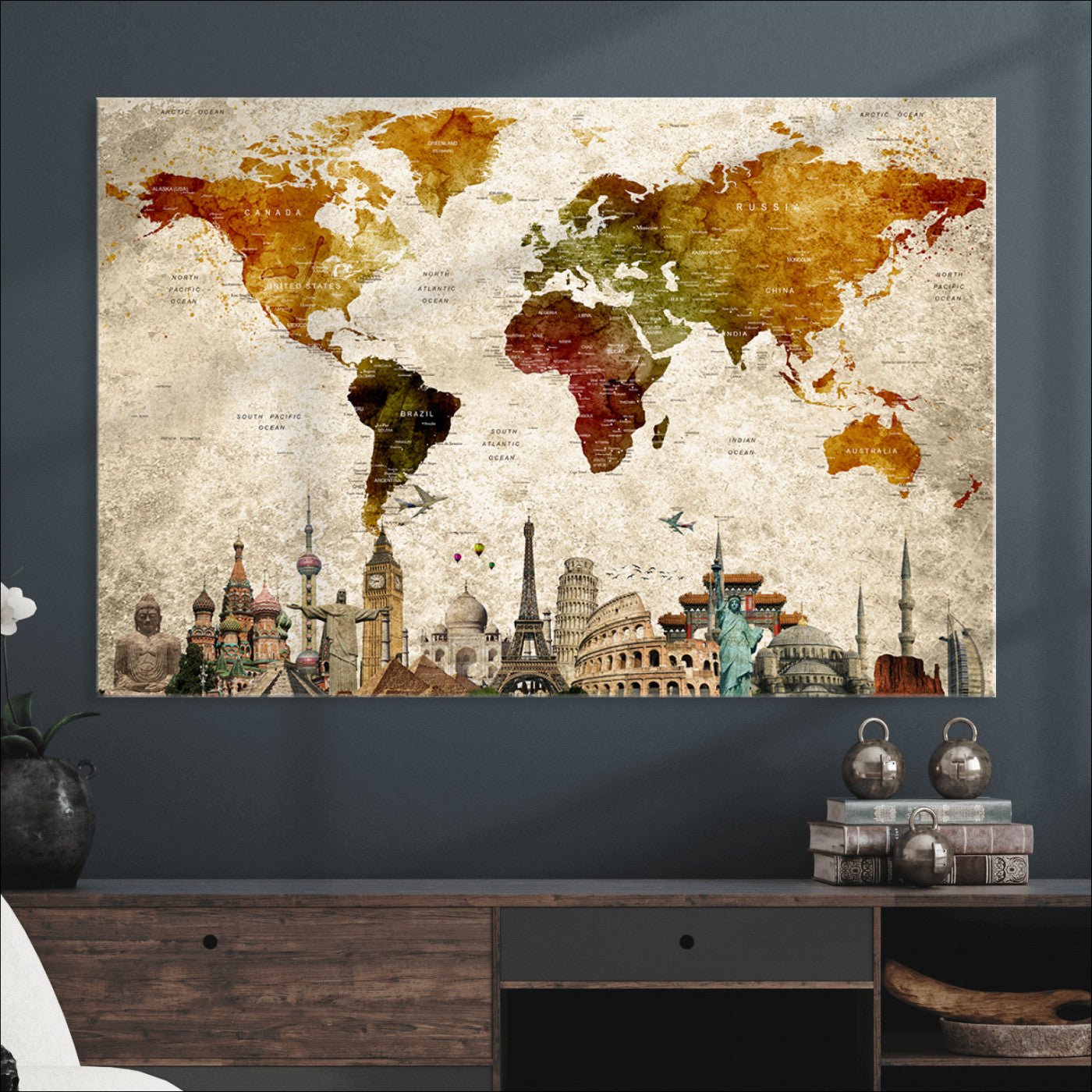 Push Pin World Map Canvas Print – Framed Wall Art for Couples to Track Their Travels – Anniversary Gift or Home Adventure Decor