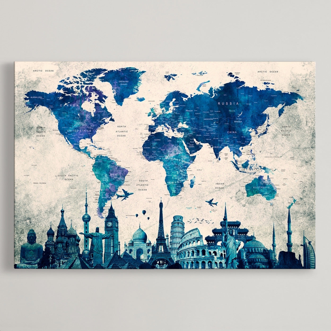 Navy Blue World Map Canvas Print, Wonder of World Map Push Pin Canvas Print