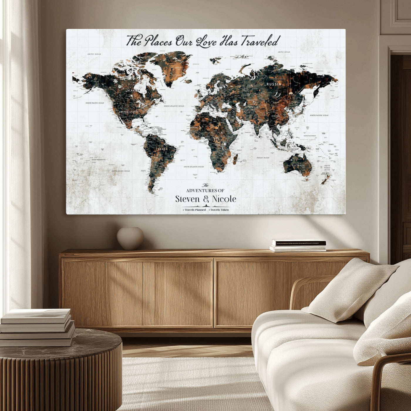 World Travel Map with Pins – Framed Canvas Print to Track Adventures and Create a Visual Travel Journal, Ideal Wall Art for Home - H17