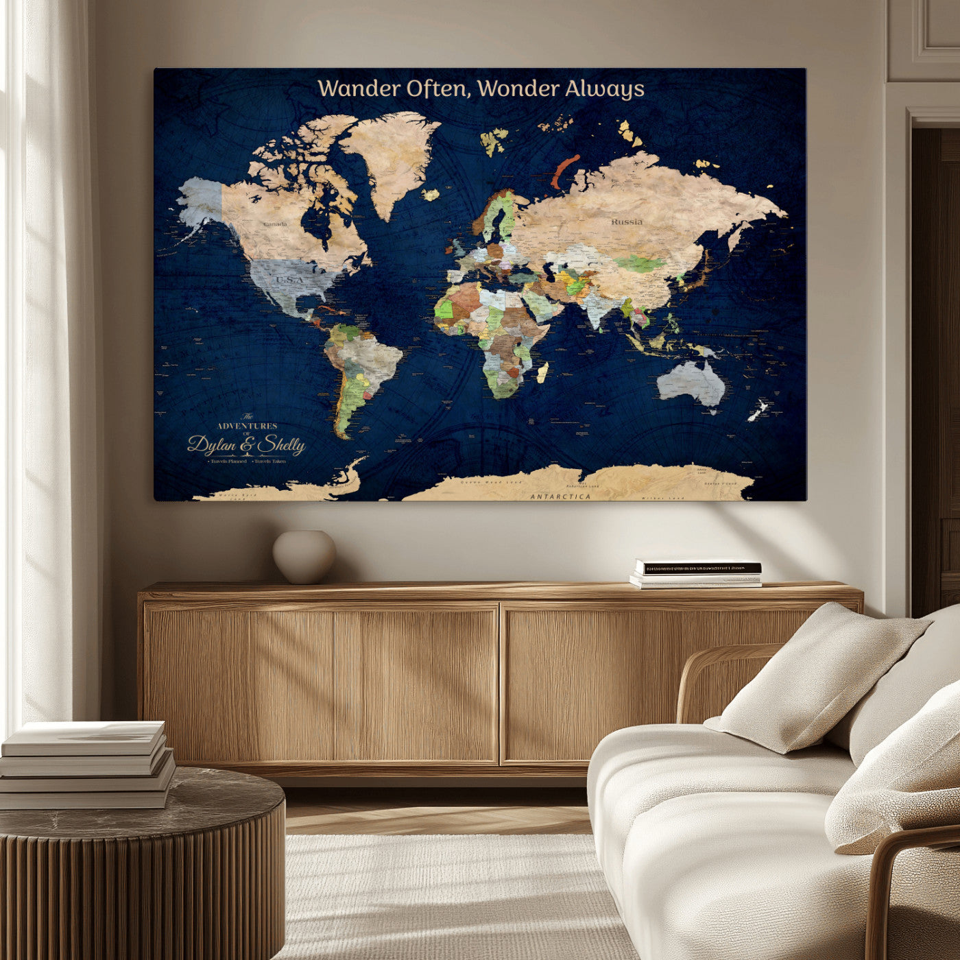 12399561-MGV-CV-30X20-Personalized World Map Print, Customizable Push Pin Framed World Map Print on Canvas - Custom Quote on Map Print