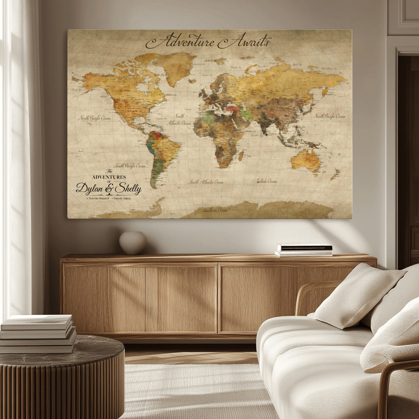 50298017-MGV-CV-36X24-Personalized World Map Print, Customizable Push Pin Framed World Map Print on Canvas - Custom Quote on Map Print