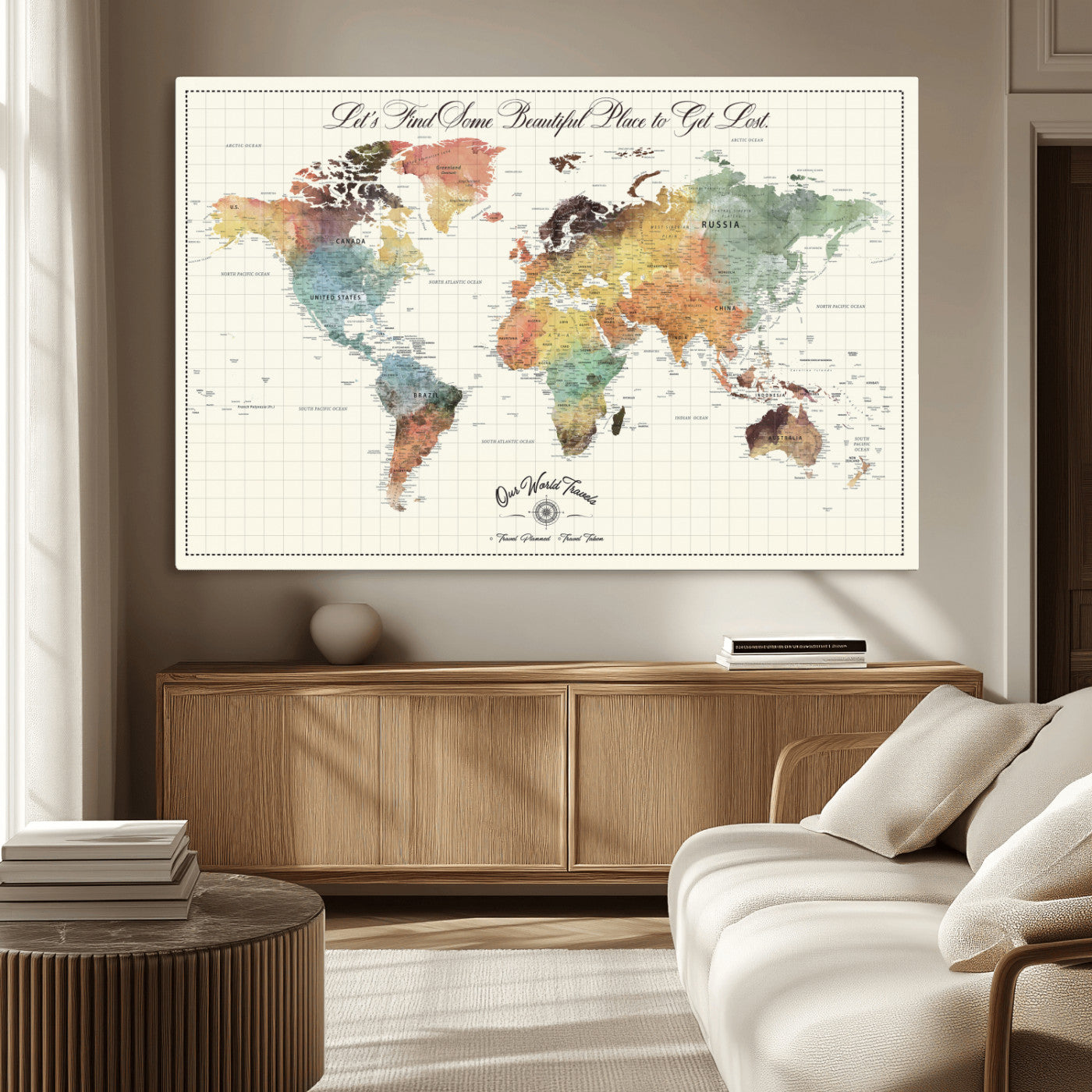 29289638-MGV-CV-36X24-Personalized World Map Print - Customizable Push Pin Framed World Map Print on Canvas - Custom Quote on Map Print