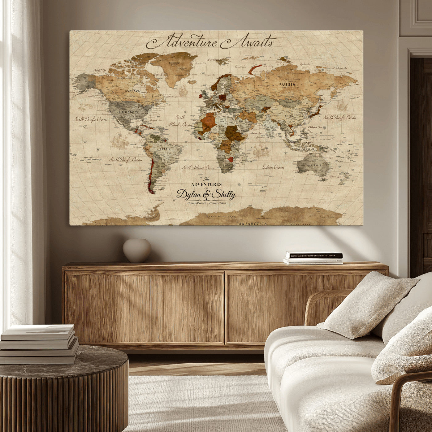 29054239-MGV-CV-36X24-Personalized World Map Print - Customizable Push Pin Framed World Map Print on Canvas - Custom Quote on Map Print