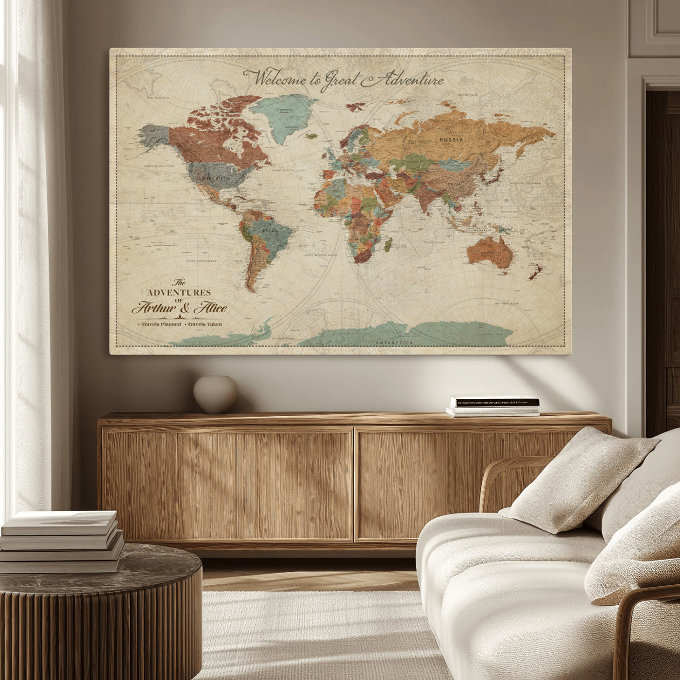 17587858-MGV-CV-36X24-Custom Push Pin World Map Wall Canvas Print – Personalized Travel Tracker with Pins – Framed Custom Quotie Canvas for Home Office Decor