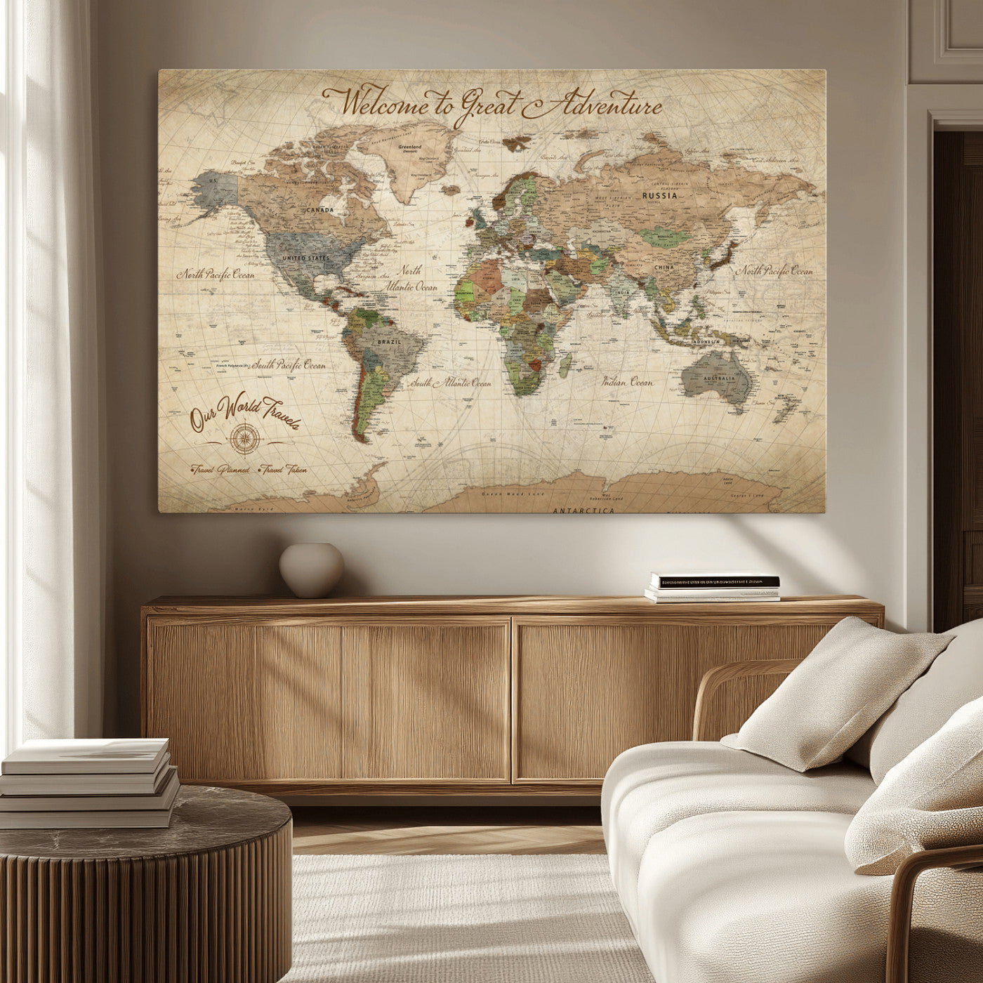 76478536-MGV-CV-30X20-Custom Push Pin World Map Wall Canvas Print – Personalized Travel Tracker with Pins – Framed Custom Quotie Canvas for Home Office Decor