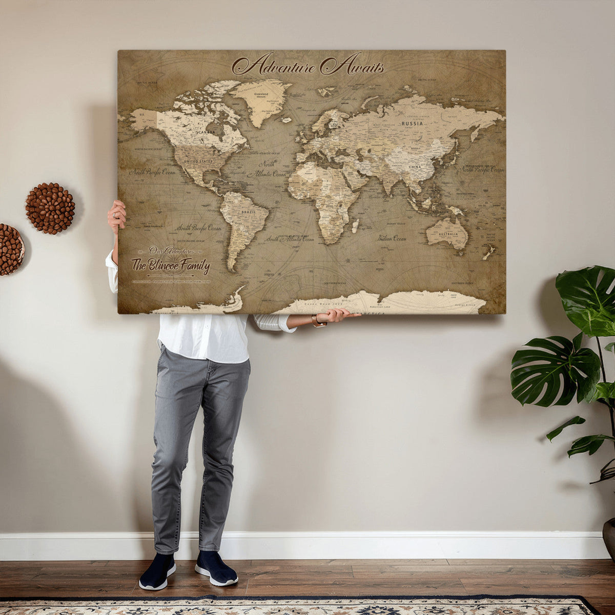 Custom Beige Modern Push Pin World Map Canvas Print, Family Travel Tracker, Dining Room and Home Office Decor